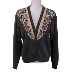Vintage Koret Size Large Floral Stitched Cardigan Sweater Lambs Wool Angora